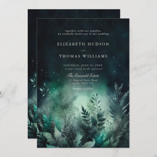 魅惑の森の葉の妖精のライトナイト結婚の 招待状 (正面/裏面)