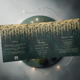 魅惑の森の金ゴールドの緑すべて結婚1 2 三つ折り招待状