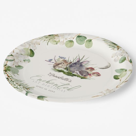 魅惑の森ウッドランド動物誕生日クリーム ペーパープレート (アングル)