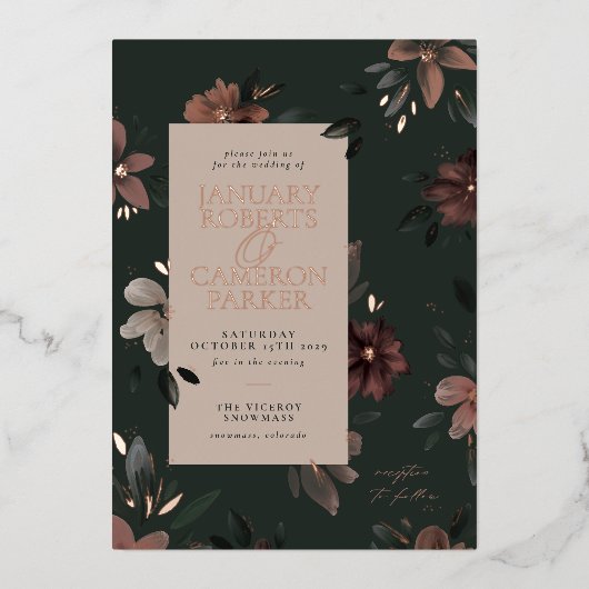 魅惑の森ダークグリーン結婚フローラ 箔招待状 (正面)