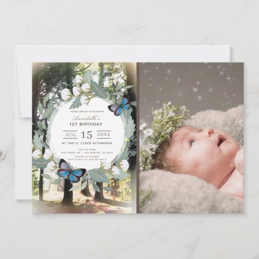 魅惑の森バタフライ写真第1誕生日 招待状 (正面)