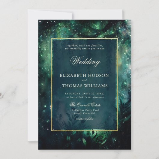 魅惑の森フェイク金ゴールドフレームエレガントな結婚式 招待状 (正面)