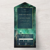 魅惑の森ロマンチックな森グリーン結婚金ゴールド オールインワン招待状 (内側)