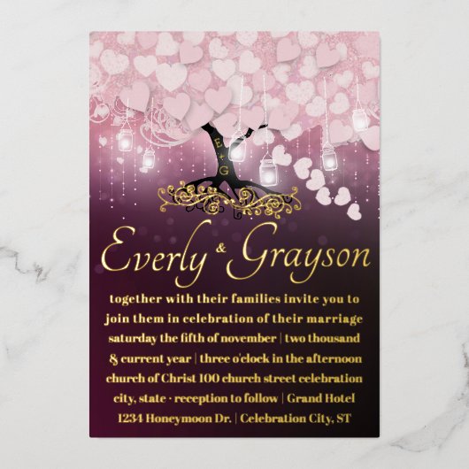 魅惑の森赤面ピンクハートリーフツリー金ゴールド 箔招待状 (正面)