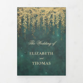 魅惑の森金ゴールドグリーンリーエメラルドトゥインクル 三つ折り招待状 (カバー)