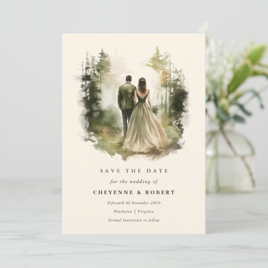 魅惑の水の色の森の写真の日付を保存 招待状 (スタンド正面)