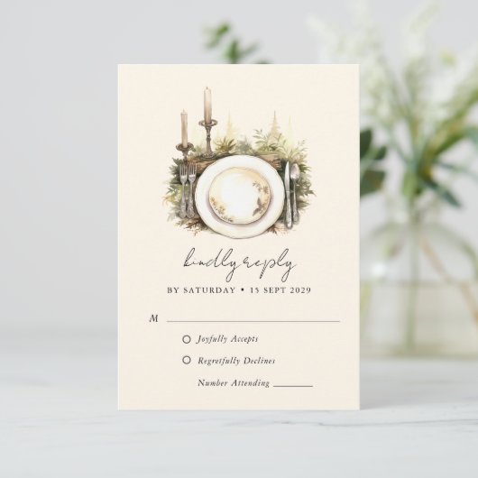 魅惑の水の色の森ボホウェディングRSVPカード 出欠カード (スタンド正面)