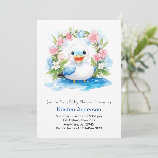 魅惑の水の色アヒル男の子の赤ちゃんシャワー 招待状 (スタンド正面)