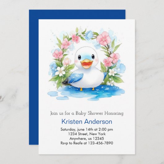 魅惑の水の色アヒル男の子の赤ちゃんシャワー 招待状 (正面/裏面)