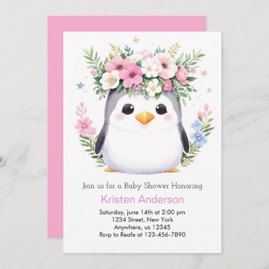 魅惑の水の色ペンギン女の子ベビーシャワー 招待状 (正面/裏面)