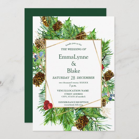 魅惑の水彩クリスマスグリーン結婚リー 招待状 (正面/裏面)