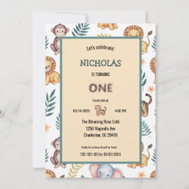 魅惑の水彩ジャングルサファリ動物の誕生日 招待状
