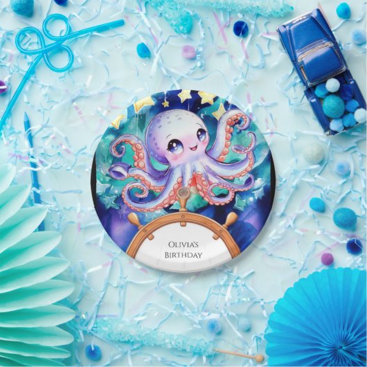 魅惑の水彩タコ誕生日 ペーパープレート (パーティー)