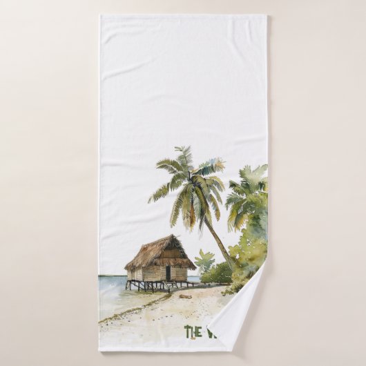 魅惑の水彩茅葺きハウスビーチシーン バスタオルセット (バスタオル)