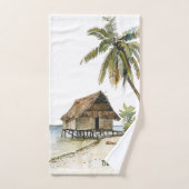 魅惑の水彩茅葺きハウスビーチシーン バスタオルセット (ハンドタオル)