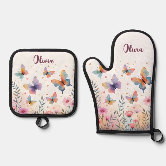 魅惑の水彩蝶の草原 鍋つかみ&鍋敷きセット (正面)