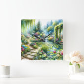 魅惑の滝の庭園 Lily Pond スクエア壁時計 (ホーム)