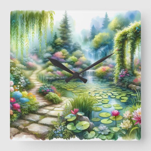 魅惑の滝の庭園 Lily Pond スクエア壁時計 (正面)