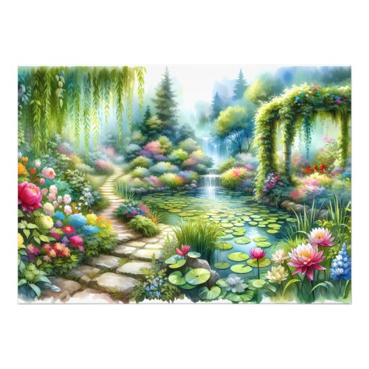 魅惑の滝の庭園 Lily Pond フォトプリント (正面)