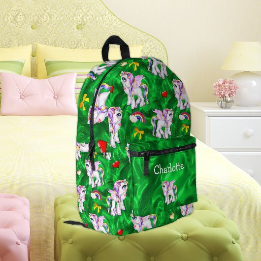 魅惑の牧草地:ユニコーン夢グリーン プリントバックパック