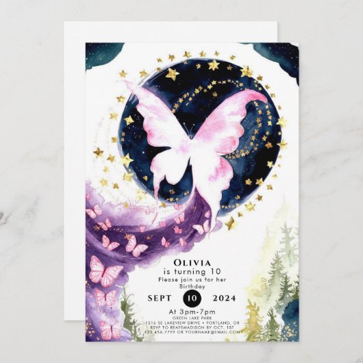 魅惑の神秘的な蝶誕生日 招待状 (正面/裏面)