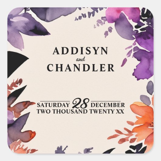 魅惑の紫+オレンジ色のフローラハロウィン結婚ズ スクエアシール (正面)
