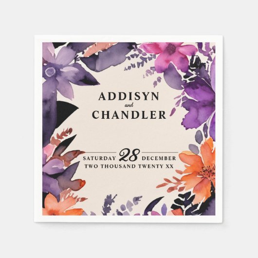 魅惑の紫+オレンジ色のフローラハロウィン結婚ズ スタンダードカクテルナプキン (正面)