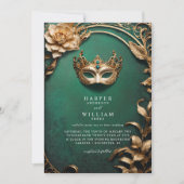魅惑の緑と金ゴールドの仮装結婚の 招待状 (正面)