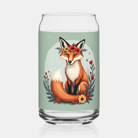 魅惑の花咲く森の狐　フォークアート ガラス缶 (正面)