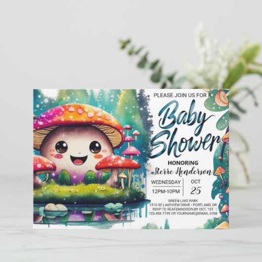 魅惑の菌類の牧草地の赤ちゃんシャワー 招待状 (スタンド正面)