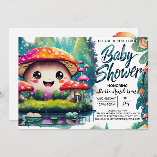 魅惑の菌類の牧草地の赤ちゃんシャワー 招待状 (正面/裏面)
