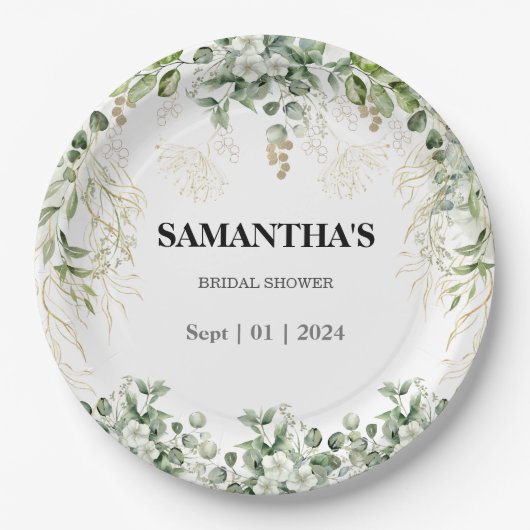 魅惑の葉の金ゴールド&グリーンブライダルシャワー ペーパープレート (正面)