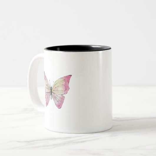 「魅惑の蝶の至福:カスタマイズ可能なコーヒーM ツートーンマグカップ (正面左)