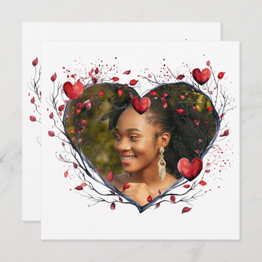 魅惑の赤い水彩ハートの花輪 カード (正面/裏面)