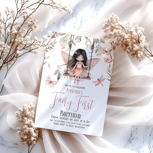 魅惑の赤面ピンクフェアリー最初の1歳の誕生日 招待状