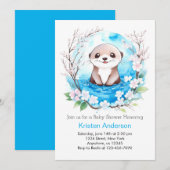 魅惑の青いワイルドフラワーオッターボーイベビーシャワー 招待状 (正面/裏面)