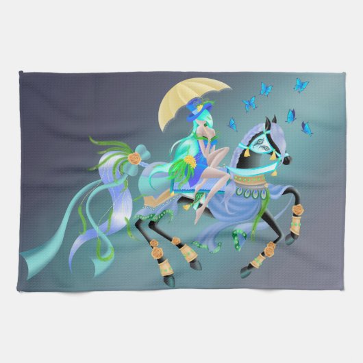 魅惑の馬の乗りクジャクのショーガール キッチンタオル (横)