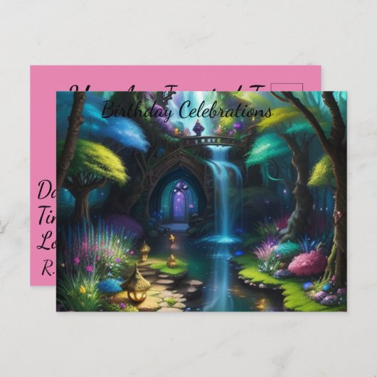 魅惑の魔法の妖精庭園誕生日 インビテーションポストカード (正面/裏面)
