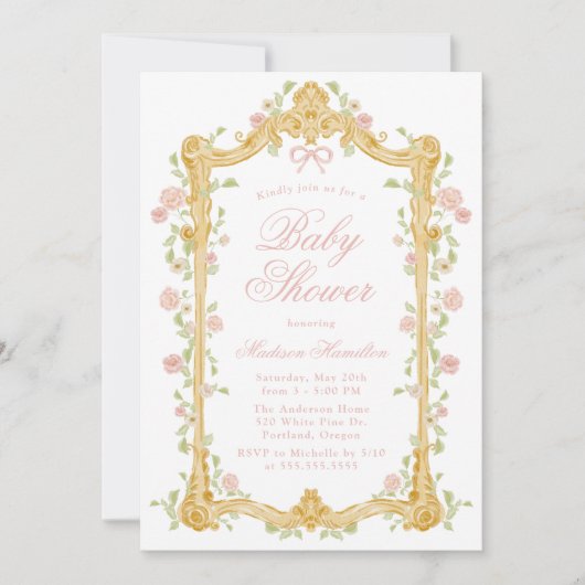 魅惑エレガントピンクフローラフレーム赤ちゃんシャワー 招待状 (正面)