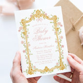 魅惑エレガントピンクフローラフレーム赤ちゃんシャワー 招待状