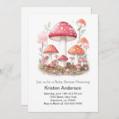 魅惑キノコ至福ピンクの女の子ベビーシャワー 招待状 (正面/裏面)