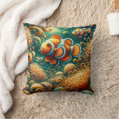 「魅惑ティール（緑がかった色）&オレンジピエロ珊瑚礁」 クッション (ブランケット)