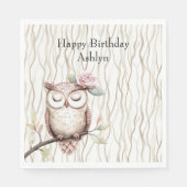 魅惑ピンクフラワーフクロウ誕生日 スタンダードランチョンナプキン (正面)