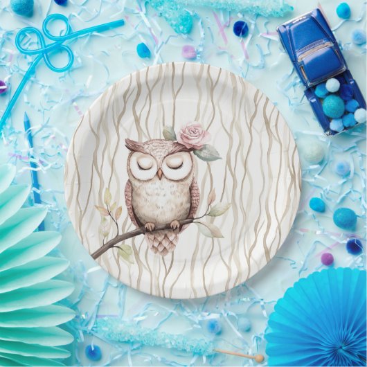 魅惑ピンクフラワーフクロウ誕生日 ペーパープレート (パーティー)