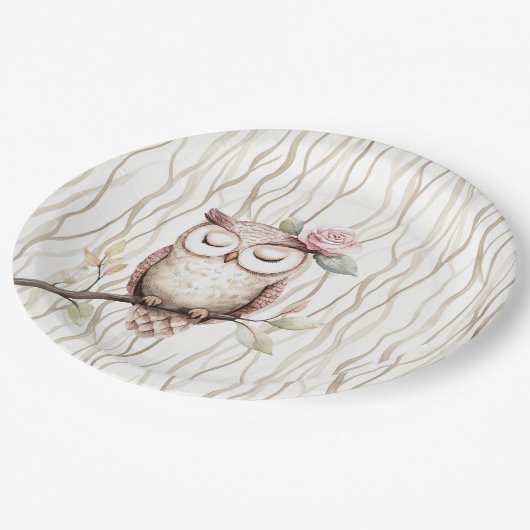 魅惑ピンクフラワーフクロウ誕生日 ペーパープレート (アングル)