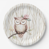 魅惑ピンクフラワーフクロウ誕生日 ペーパープレート (正面)