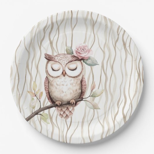 魅惑ピンクフラワーフクロウ誕生日 ペーパープレート (正面)