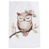 魅惑ピンクフラワーフクロウ誕生日 ミディアムペーパーバッグ (正面)