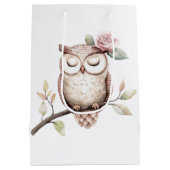 魅惑ピンクフラワーフクロウ誕生日 ミディアムペーパーバッグ (裏面)