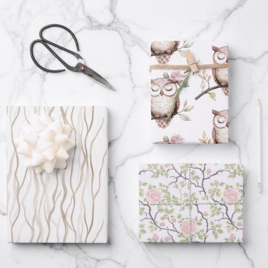 魅惑ピンクフラワーフクロウ誕生日 ラッピングペーパーシート (正面)